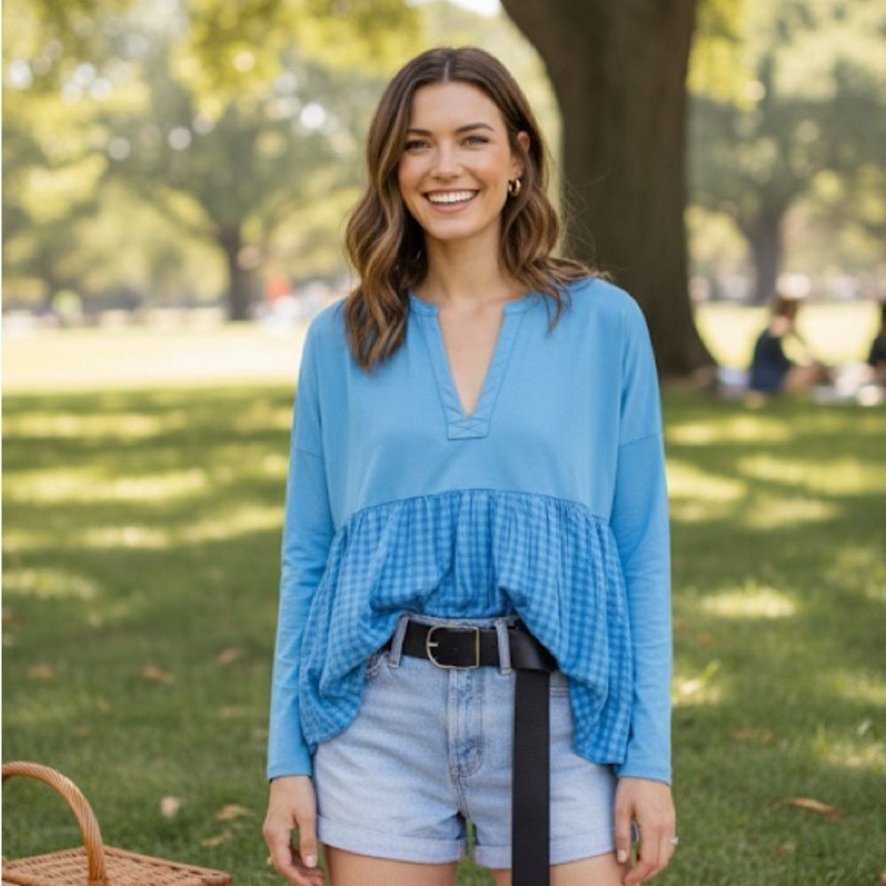 Pilcro Long-Sleeve Blue Gingham Babydoll Top, size XL